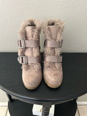 Sugar Taupe Faux Fur Buckle Ankle Boots